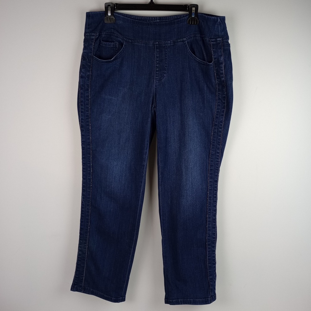 Belle by Kim Gravel Womens 18WP Blue Rhinestone Trim Pull On Straight Leg Jeans